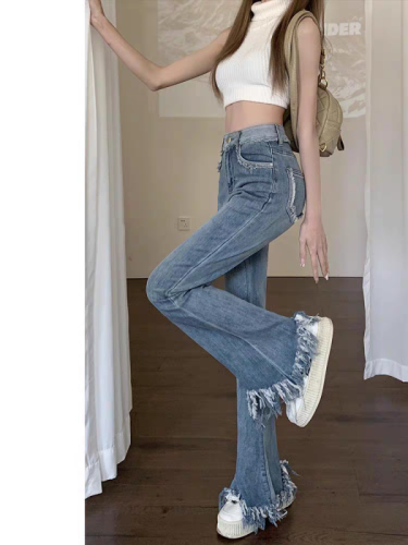 Blue tassel bootcut jeans for women, spring and autumn new style, high-waisted, large size, fat mm, slim-fitting, stretchy, slimming wide-leg pants