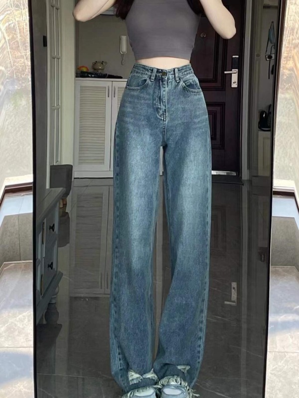 Raw edge ripped jeans for women, spring and autumn high street American retro loose straight high waist drape floor-length wide leg pants