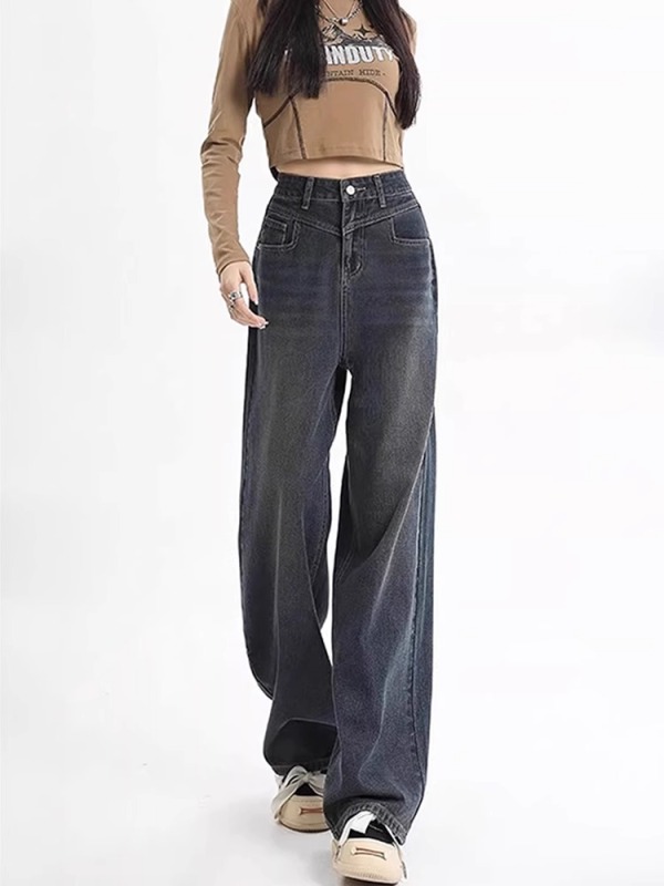 High-waisted wide-leg jeans for women in autumn new large size loose slimming fat mm pear-shaped straight pants