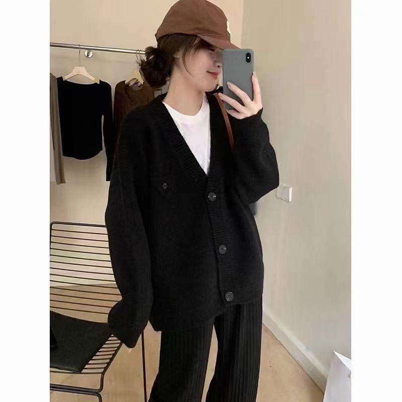 Triangular pocket sweater cardigan spring and autumn new women's fashion versatile long-sleeved coat winter knitted bottoming top
