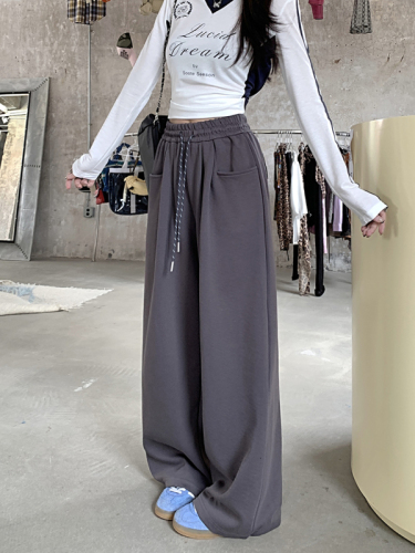 Lazy style gray casual pants, autumn sweatpants, women's high-waisted straight pants, wide-leg pants, long trousers, drapey floor-length pants