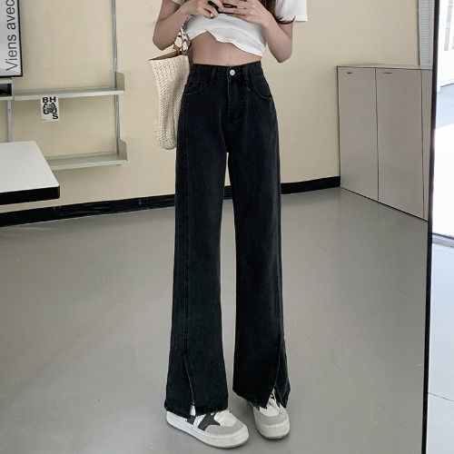 Jeans women's autumn new trousers trendy brand slimming high-waisted wide-leg trousers loose straight slit trousers