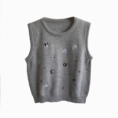 Kitten embroidery college style knitted vest for women gray temperament autumn loose versatile waistcoat top vest for women