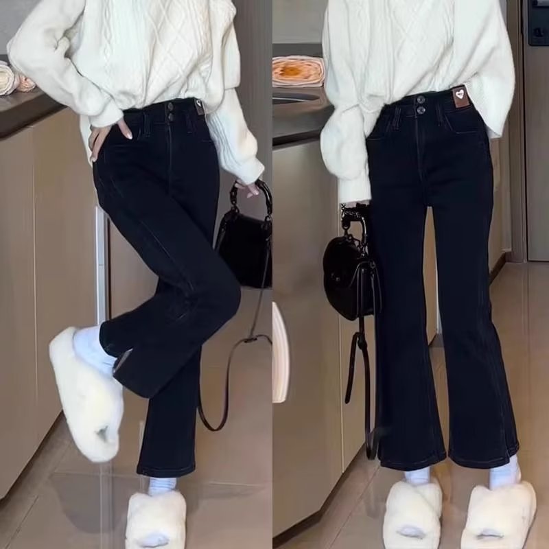 Large size fat mm black high-waisted jeans for women in spring and autumn, loose, Korean style, slim, straight, small, wide legs