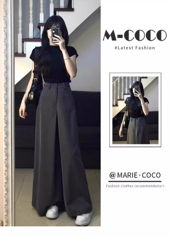 Summer thin gray suit trousers, high-end drapey women's casual trousers, high-waisted Korean style retro wide-leg trousers