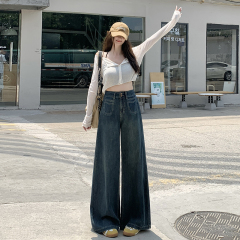 New double-button design leather brand draped wide-leg jeans