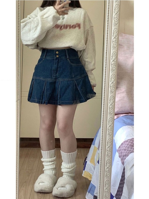 High-waisted denim pleated skirt for obese women to cover belly and make pear-shaped figure slimming, plus size A-line skirt