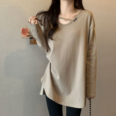 Design niche v-neck mid-length t-shirt for women in spring and autumn with long-sleeved loose and stylish slit top