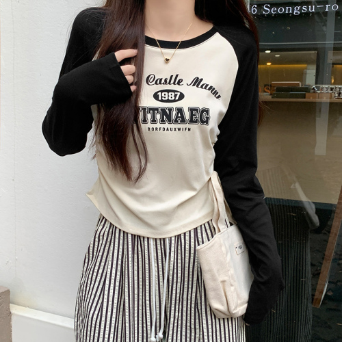 Real shot and real price American printed raglan long-sleeved T-shirt for women in autumn Maillard contrasting color pure cotton short drawstring top