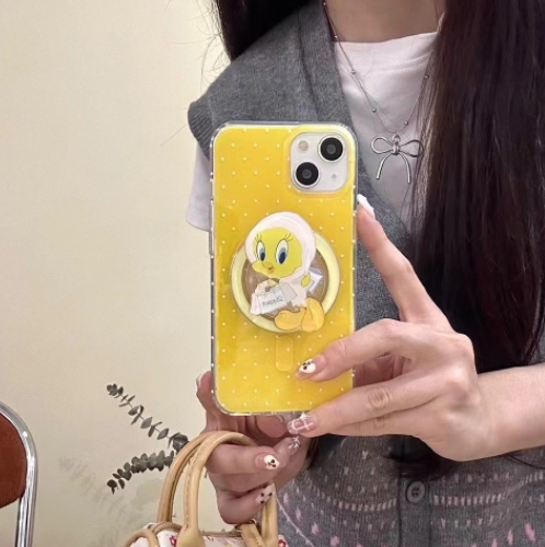 Magnetic polka dot mobile phone case suitable for Apple 15Pro Cute Cartoon Tweety 12 Magnetic card holder 11 anti-fall protection