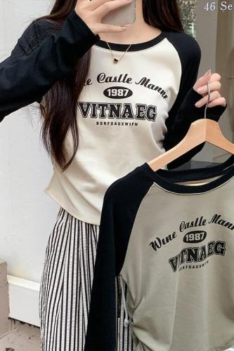 Real shot and real price American printed raglan long-sleeved T-shirt for women in autumn Maillard contrasting color pure cotton short drawstring top