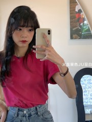 Lu Xiaotuan reunion collar short-sleeved white T-shirt for women in autumn Korean style slimming bottoming right shoulder top