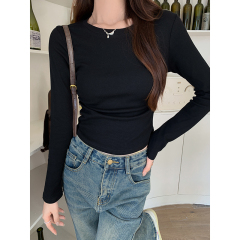 Actual shot and real price Korean simple pure cotton long-sleeved T-shirt for women in early autumn, right shoulder pleated slim inner short top