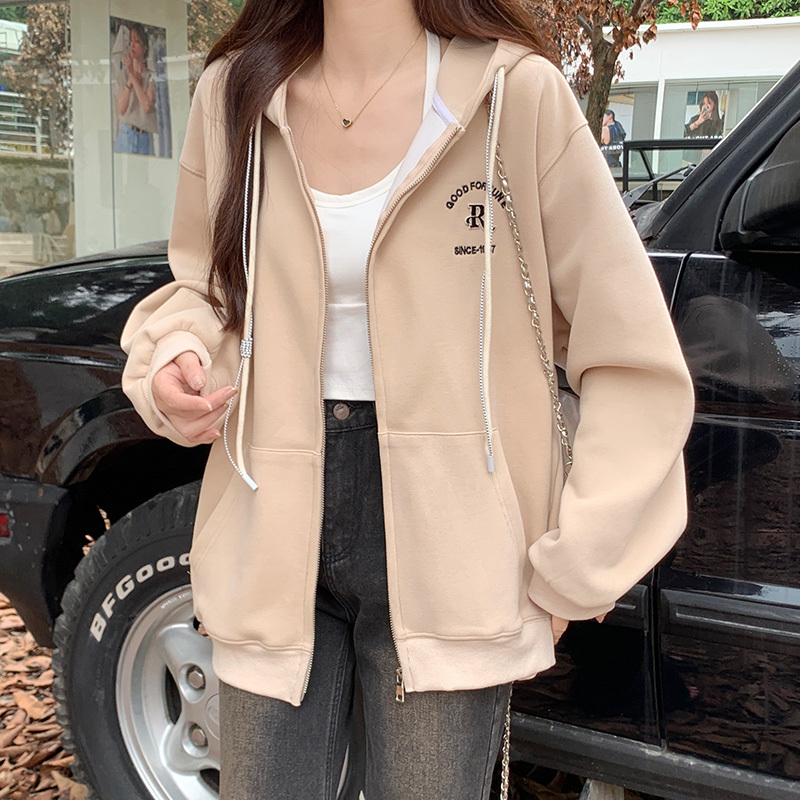 Real shot and real price cardigan hooded letter embroidered sweatshirt for women autumn and winter lazy style loose and versatile casual zipper jacket