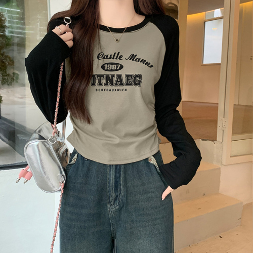 Real shot and real price American printed raglan long-sleeved T-shirt for women in autumn Maillard contrasting color pure cotton short drawstring top