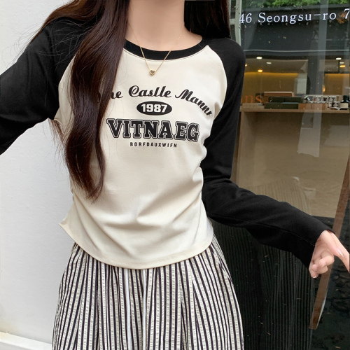 Real shot and real price American printed raglan long-sleeved T-shirt for women in autumn Maillard contrasting color pure cotton short drawstring top