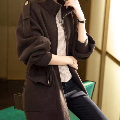 2024 Winter New Woolen Coat Women's Fashion Solid Color Large Size Loose Drawstring Stand Collar Black Coat Women's Autumn and Winter