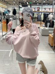 Actual shot~Large size women's U-neck elastic camisole women's slope neck off-shoulder sweatshirt women's pullover casual top
