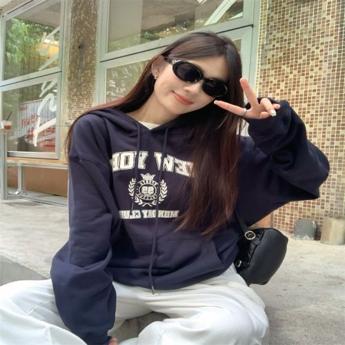 Letter printed hooded long-sleeved sweatshirt for women new retro casual loose top