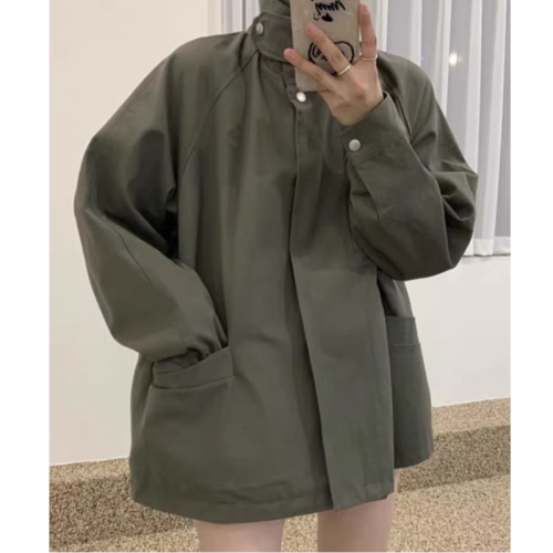 Korean chic autumn niche retro stand-up collar cape design with large pockets, loose and versatile long-sleeved windbreaker jacket for women