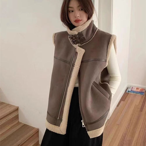 Lamb wool vest 2024 autumn and winter thickened motorcycle fur one-piece outer layer lamb velvet vest vest jacket 7896