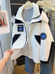 Real shot of black solid color double layer jacket with letters changed to white jacket jacket for women, autumn thin style