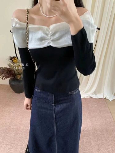 Guangzhou Thirteen Lines 2024 early autumn new high-end design sexy one-shoulder knitted sweater ruffled top for women