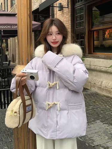 Purple Horn Button Down Jacket Women's Winter 2024 New Korean Style Loose Big Fur Collar Thickened Bread Jacket