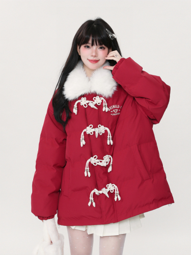 Designed horn button thickened down cotton coat for women winter Korean college style casual couple warm cotton coat