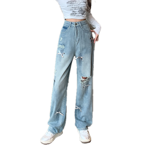 Light blue straight-leg jeans for women, new design, ripped bow, niche wide-leg floor mopping pants