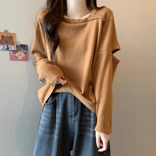 Original workmanship long-sleeved T-shirt bottoming shirt for women in autumn plus size fat MM slimming unique design hollow top