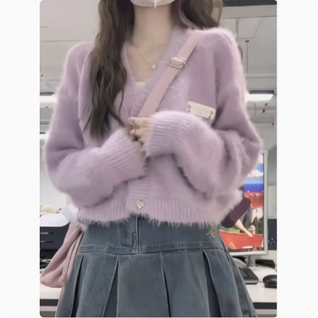 Fufu fluffy and gentle cardigan sweater for women early autumn short loose soft waxy sweater jacket purple top