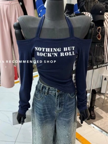 South Korea's Dongdaemun halterneck one-shoulder slim fit hot girl lettering printed long-sleeved T-shirt short versatile top