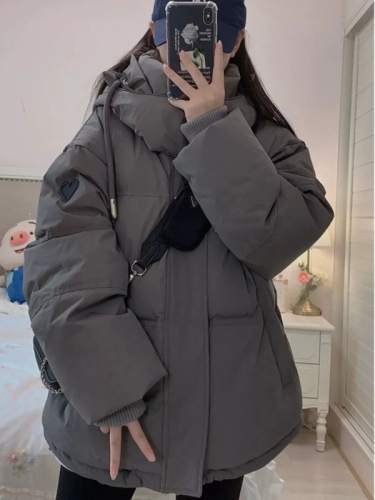 Gray down cotton coat for women 2024 new winter thickened cotton coat mid-length small hooded coat