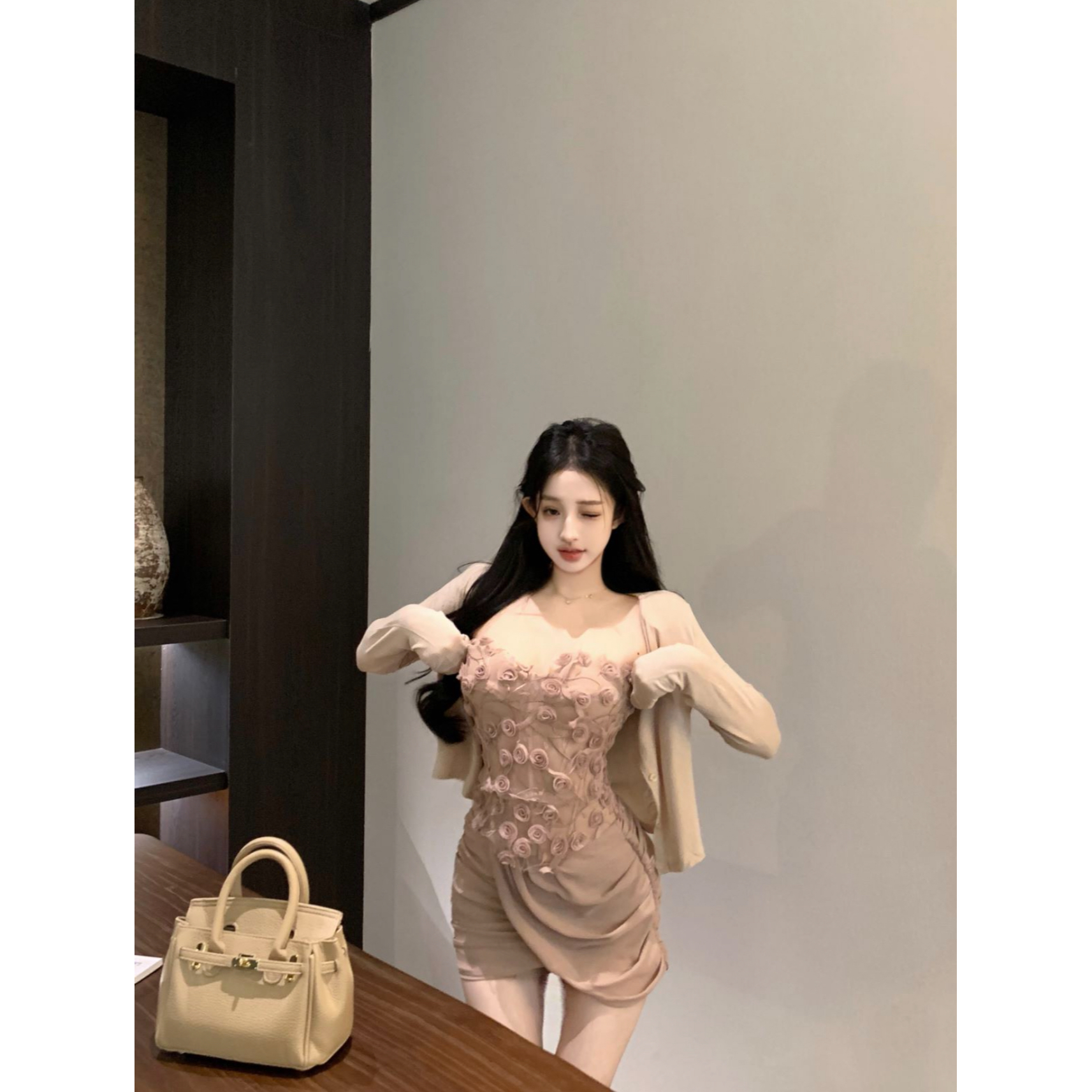Real shot of smoked rose three-dimensional flower tube top for women high-waisted slim skirt two-piece set