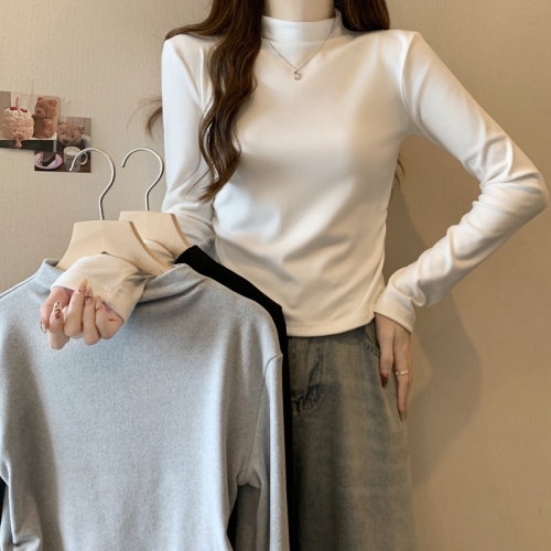 Actual shot of stretchy brushed half turtleneck bottoming shirt with top and slim pleated hot girl long-sleeved T-shirt