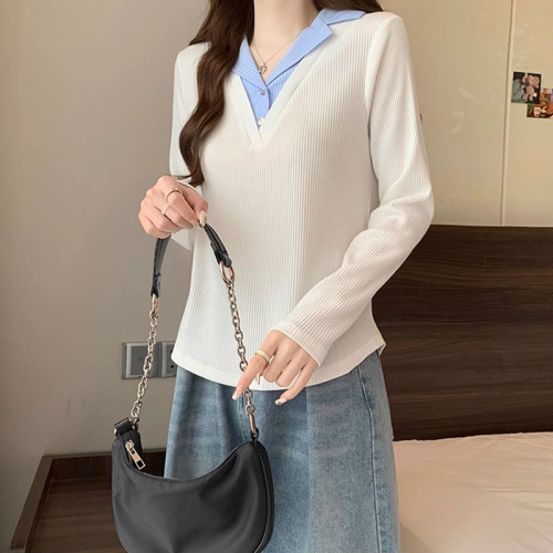 Original workmanship, early autumn fake two-piece loose inner bottoming shirt for fat mm, slimming and fashionable long-sleeved T-shirt top