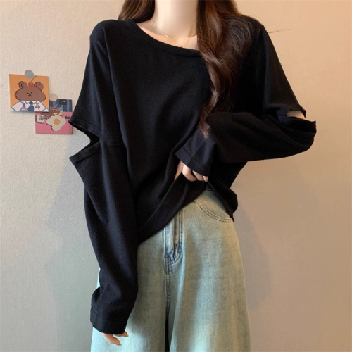 Original workmanship long-sleeved T-shirt bottoming shirt for women in autumn plus size fat MM slimming unique design hollow top