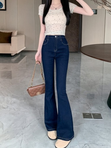 Photographed~ Retro Deep Blue Lined Micro Bell Bottom Women's Tailoring Slimming Leg Length Hoof Pants