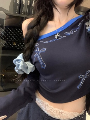 Real shot of retro hot diamond printed off-shoulder T-shirt for women, waist slimming bottoming long-sleeved top