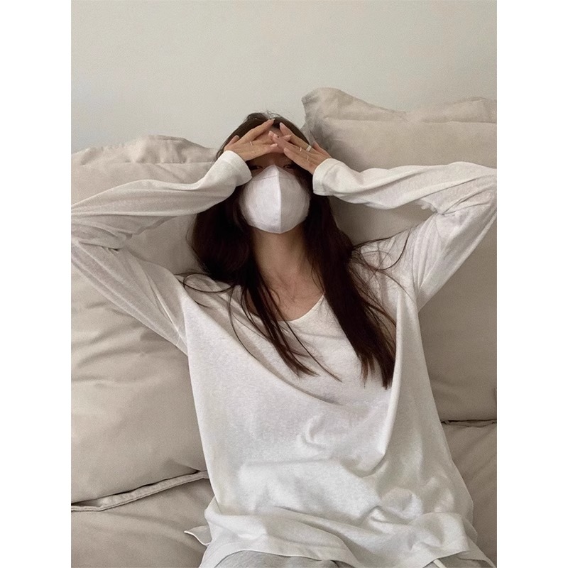 Official picture 100 cotton 26 yarn 170g pure cotton long-sleeved t-shirt women's Korean version loose commuting versatile u-neck 