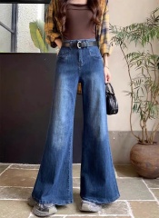 實拍大碼胖MM深色高腰不貼腿微胖喇叭牛仔褲女春秋新款遮肉微喇褲