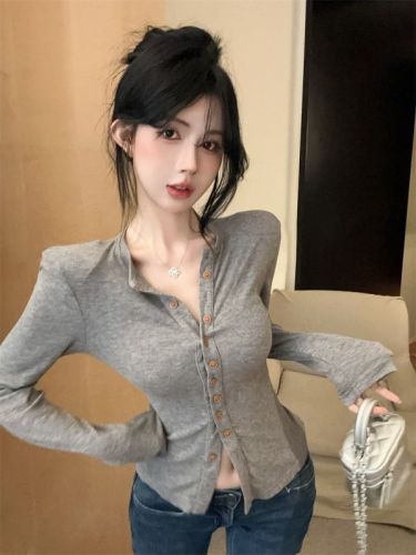 Real shot 2024 new Korean style temperament lace-up waist slimming long-sleeved knitted cardigan top