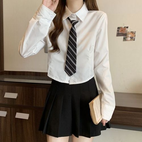 Women's Autumn College Style Retro Hong Kong Long-Sleeve Shirt, Youthful Reducing Age Collarless Blouse with Loose Short sleeves, New Korean Version