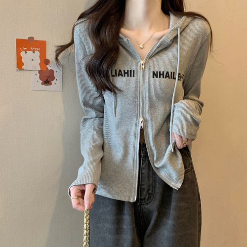 Original workmanship, large size design, niche double zipper hooded long-sleeved T-shirt for women, autumn right shoulder slim top