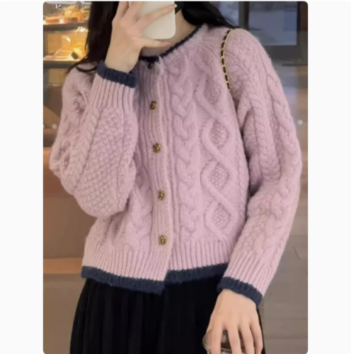 Pink small fragrant knitted cardigan for women in autumn and winter European goods contrasting color short top French twist sweater jacket