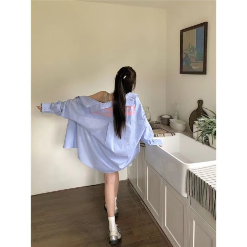 Polyester cotton Korean style unique and chic shirt blue and white striped shirt spring and autumn new 2024 loose sun protection thin coat