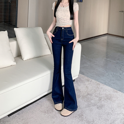 Photographed~ Retro Deep Blue Lined Micro Bell Bottom Women's Tailoring Slimming Leg Length Hoof Pants