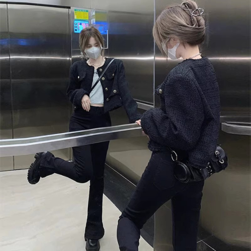 Autumn and winter black small fragrance style jacket for women spring and autumn design niche high-end short tweed top