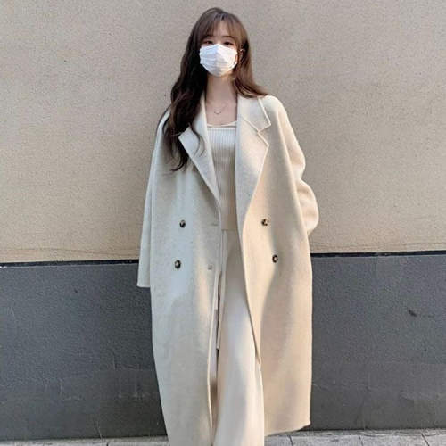 Pink woolen coat dopamine long Korean style suit collar oatmeal color small person atmosphere autumn and winter